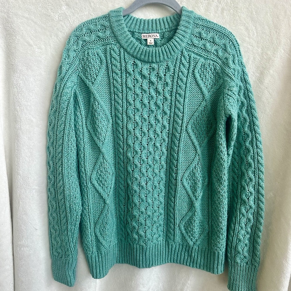 Merona Mint Green‎ Cable Knit Fisherman Sweater Size Small Sparkle